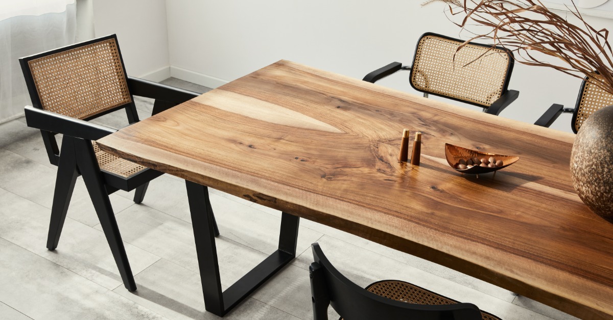 A large wooden dining table with wooden chairs around it and a plant holder with dry eaves in a room with grey floors.